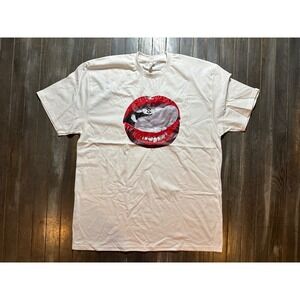 Pacific Mens Graphic T-Shirt White Red Lips Dollar Sign‎ Tongue Cotton